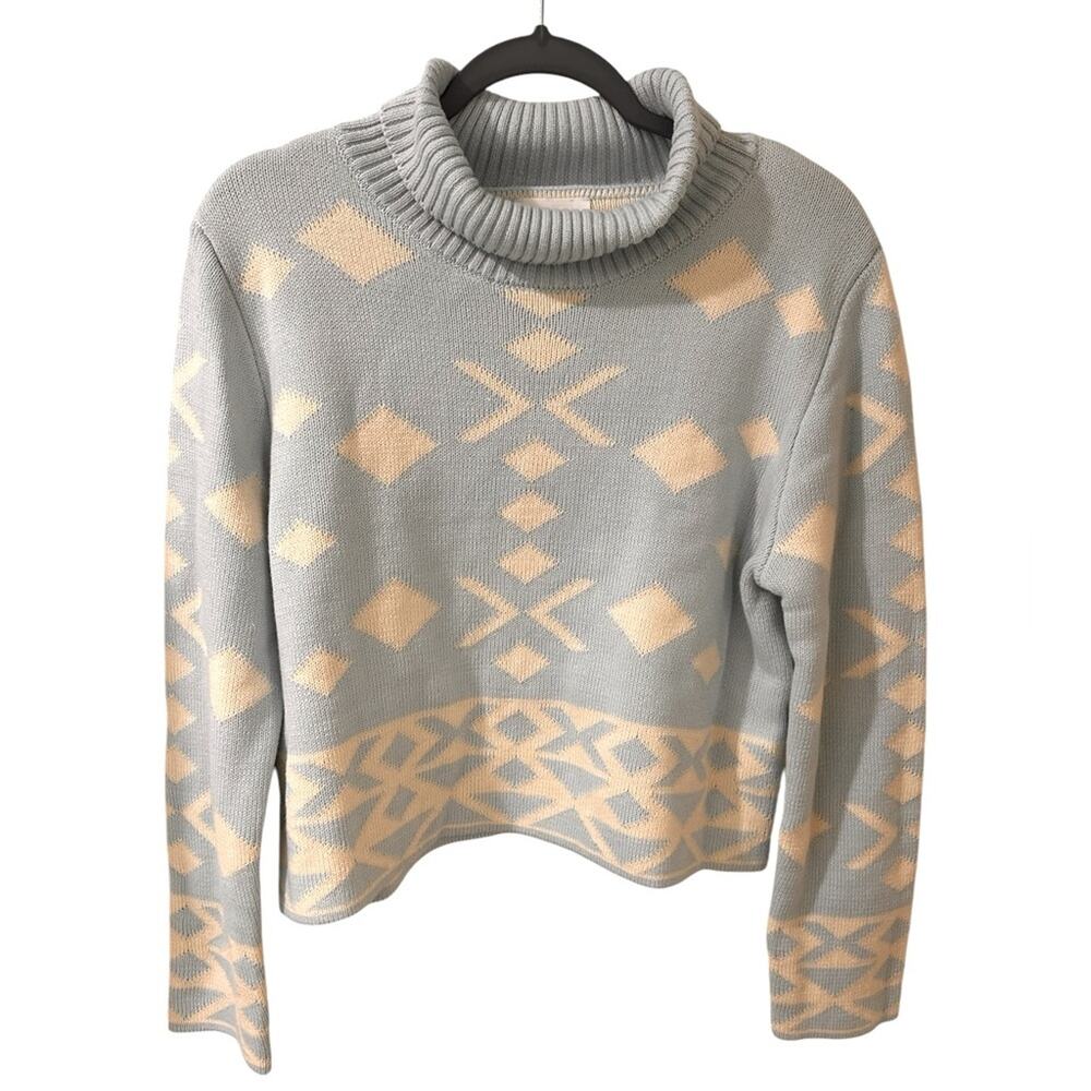 Anthropologie Callahan Cropped Snowflake Turtleneck Sweater Baby Blue & Cream, L